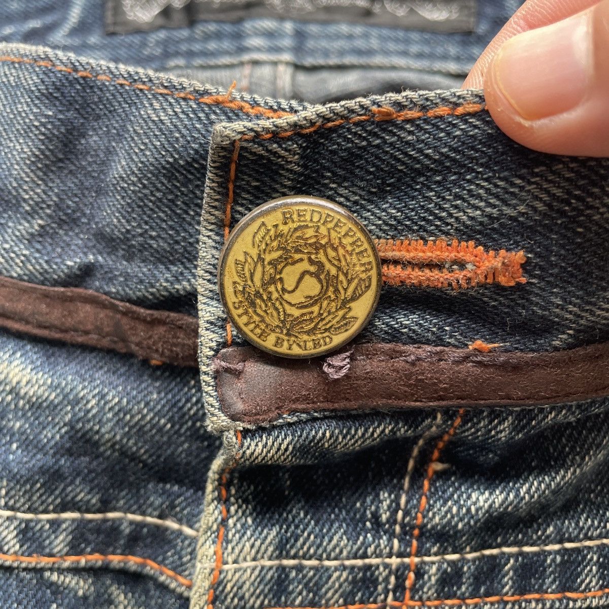 Japanese Brand W31💥 Red Pepper Japan Embroided Skull Rusty Jeans Pants RARE Size US 31 - 7 Thumbnail