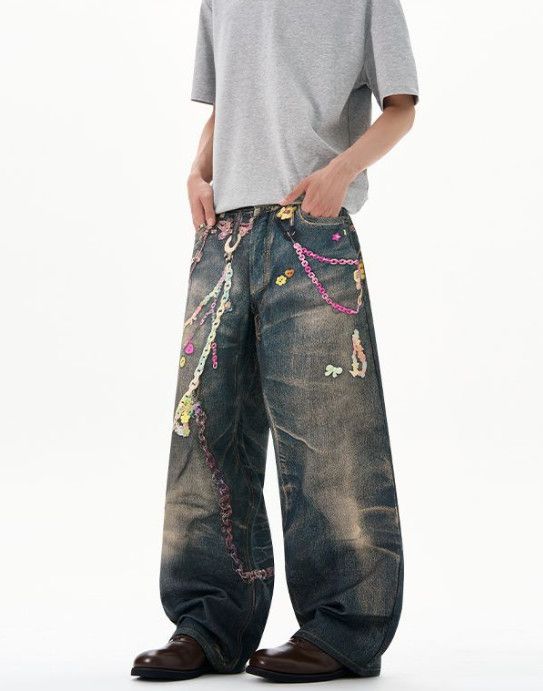 Vintage American-style men's wide-leg digital print denim jeans Size US 32 / EU 48 - 3 Thumbnail