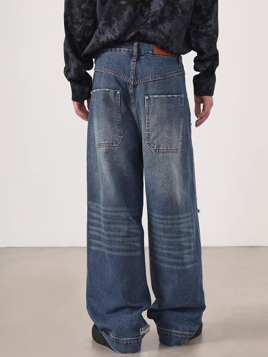 Washed vintage loose fit ripped work jeans