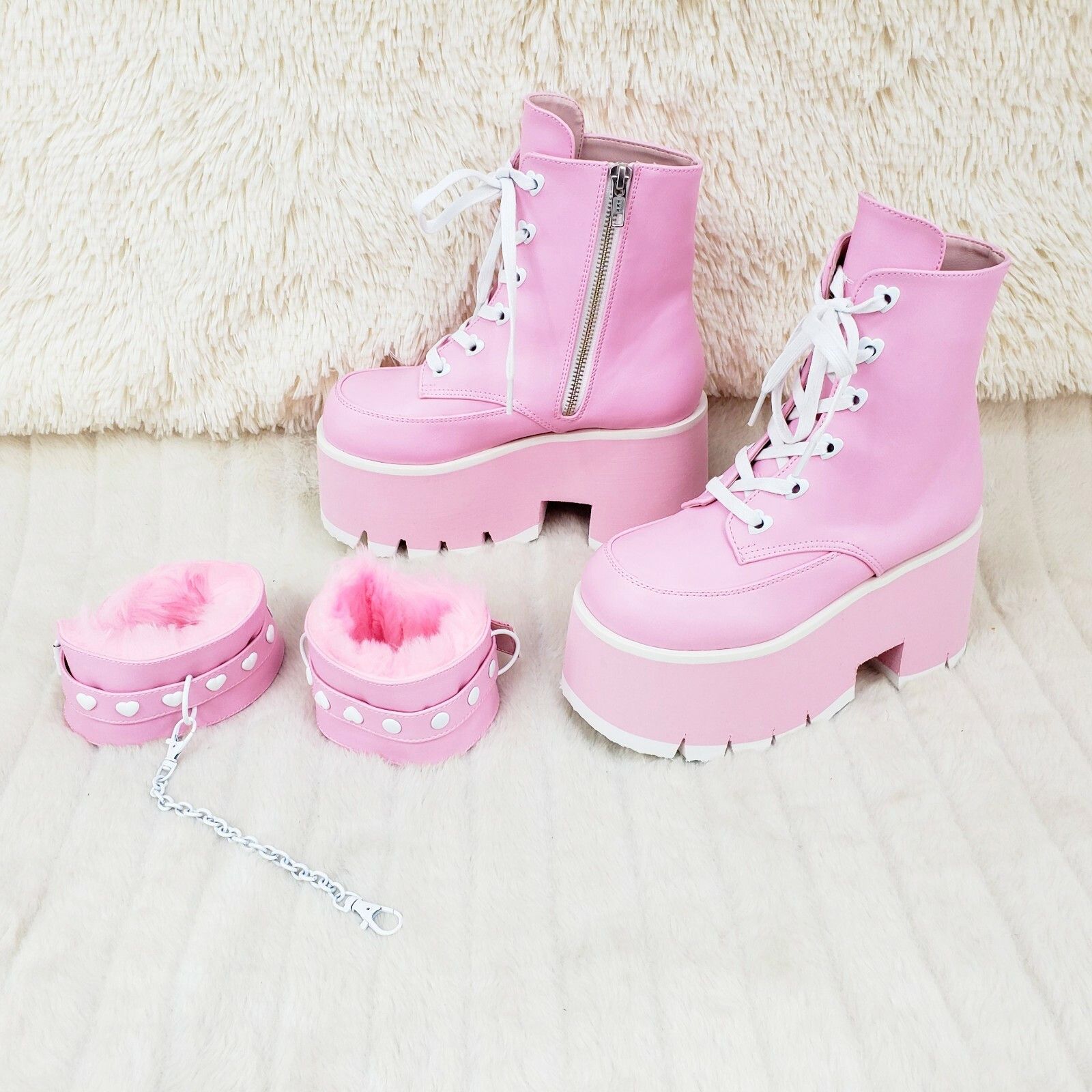 Other Ashes 57 Pink Heart Studs 3.5" Platform Goth Boots Fur Lined Size US 7 / IT 37 - 3 Thumbnail