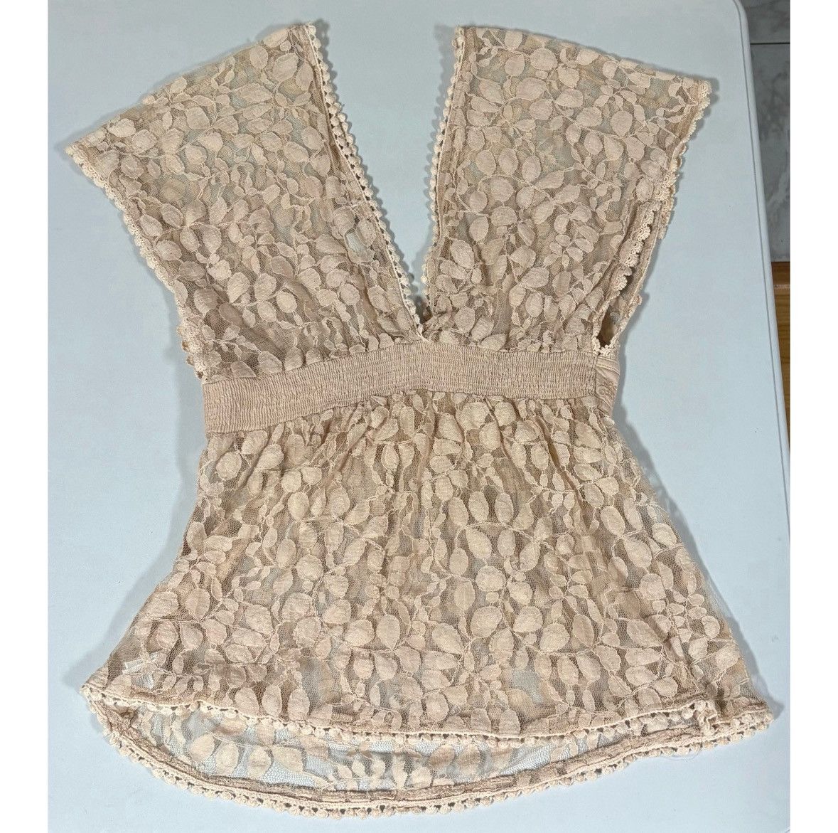 Free People Tan Beige Floral Lace Y2K Babydoll Shirt Top Blouse Size S ✨ Size S / US 4 / IT 40 - 3 Thumbnail