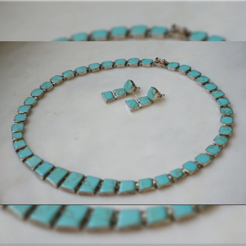 Vintage Vintage Chilean Turquoise 925 silver earrings and necklace Size ONE SIZE - 1 Thumbnail