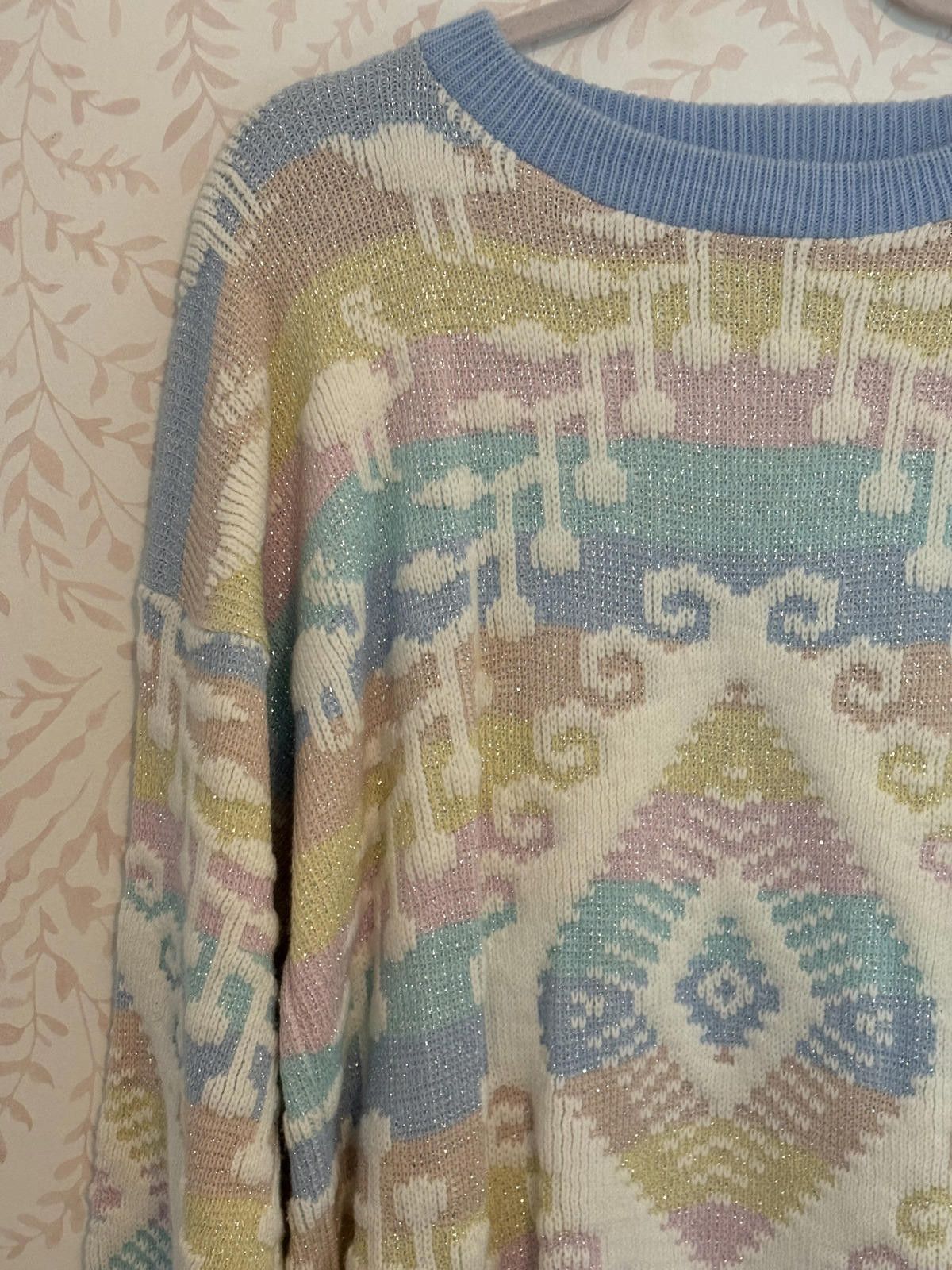 Roberto Cavalli 80's Vintage Pastel Geometric Lurex Rainbow Knit Sweater Size XL / US 12-14 / IT 48-50 - 3 Thumbnail