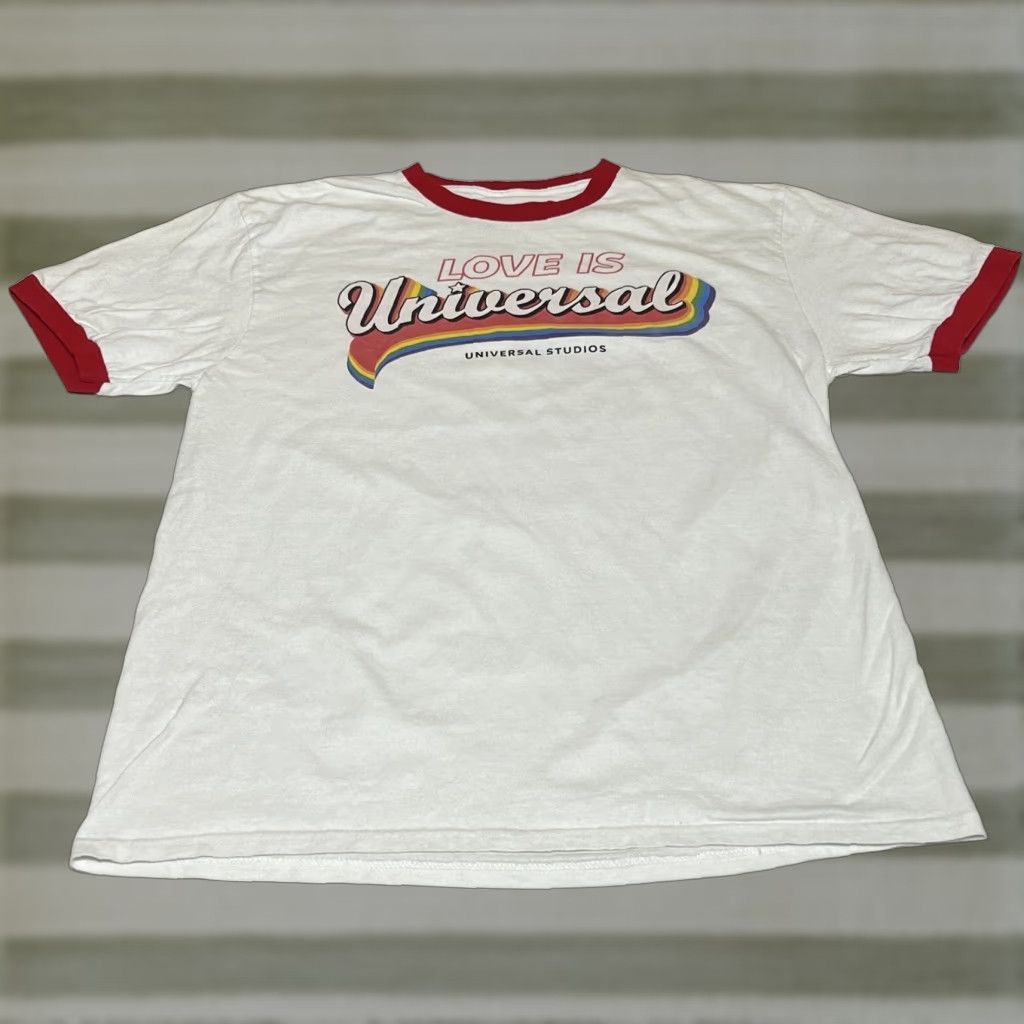 Vintage Universal Studios Love Is Universal T-Shirt Men's Large Ringer Graphic White Red Size US L / EU 52-54 / 3 - 1 Thumbnail