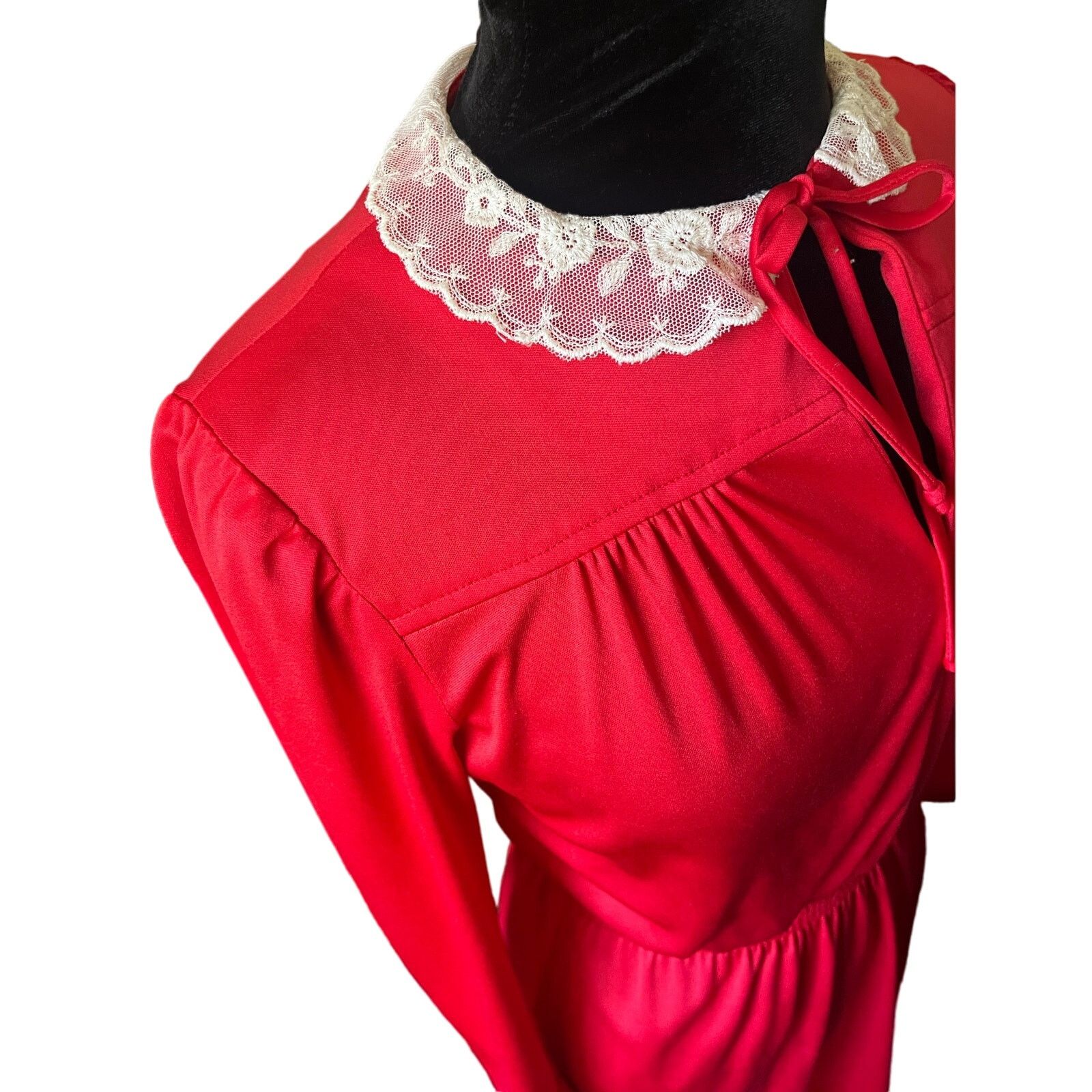 Vintage Vintage 70s Red Lace Collar Long Sleeve Midi Dress XS Small Size S / US 4 / IT 40 - 6 Thumbnail