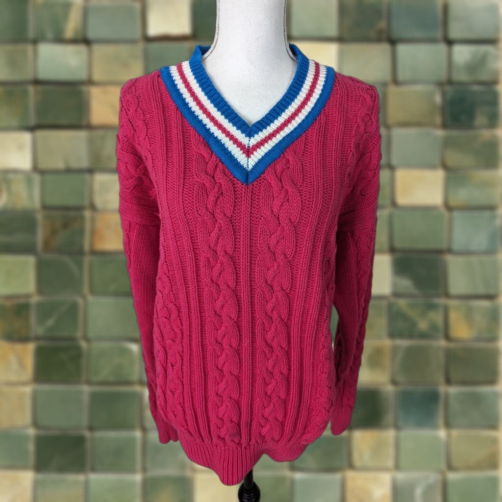 Nautica VINTAGE Pink Cable-Knit V Neck Nautical Sweater Women's Medium Cotton S12 Pullover Knit Size M / US 6-8 / IT 42-44 - 1 Thumbnail