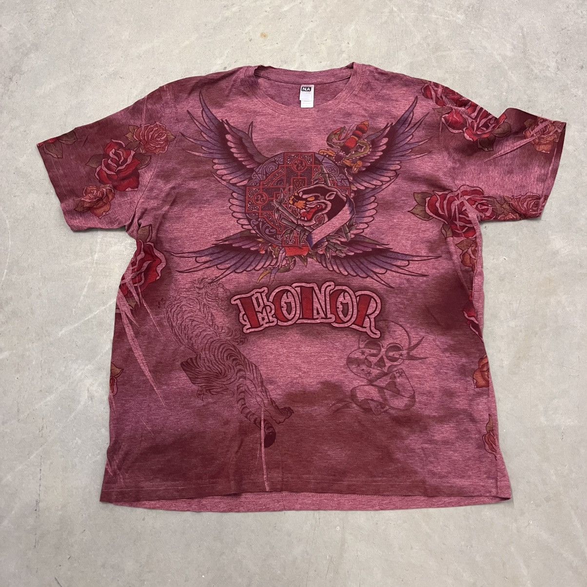 Ed Hardy × Vintage CRAZY Y2K Ed Hardy Tattoo style AOP graphic shirt burgundy M Size US L / EU 52-54 / 3 - 5 Thumbnail