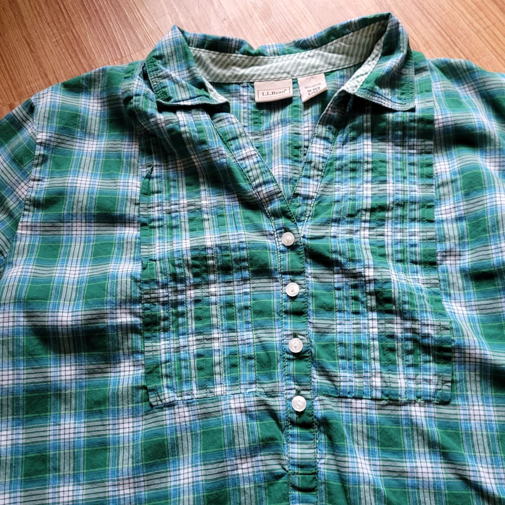 Vintage LL Bean Top Shirt Womens M Green Plaid 1/4 Button Classic Collared Everyday Blouse Knit Cotton Long Sleeve Casual Business Travel Mens? Size M / US 6-8 / IT 42-44 - 3 Thumbnail