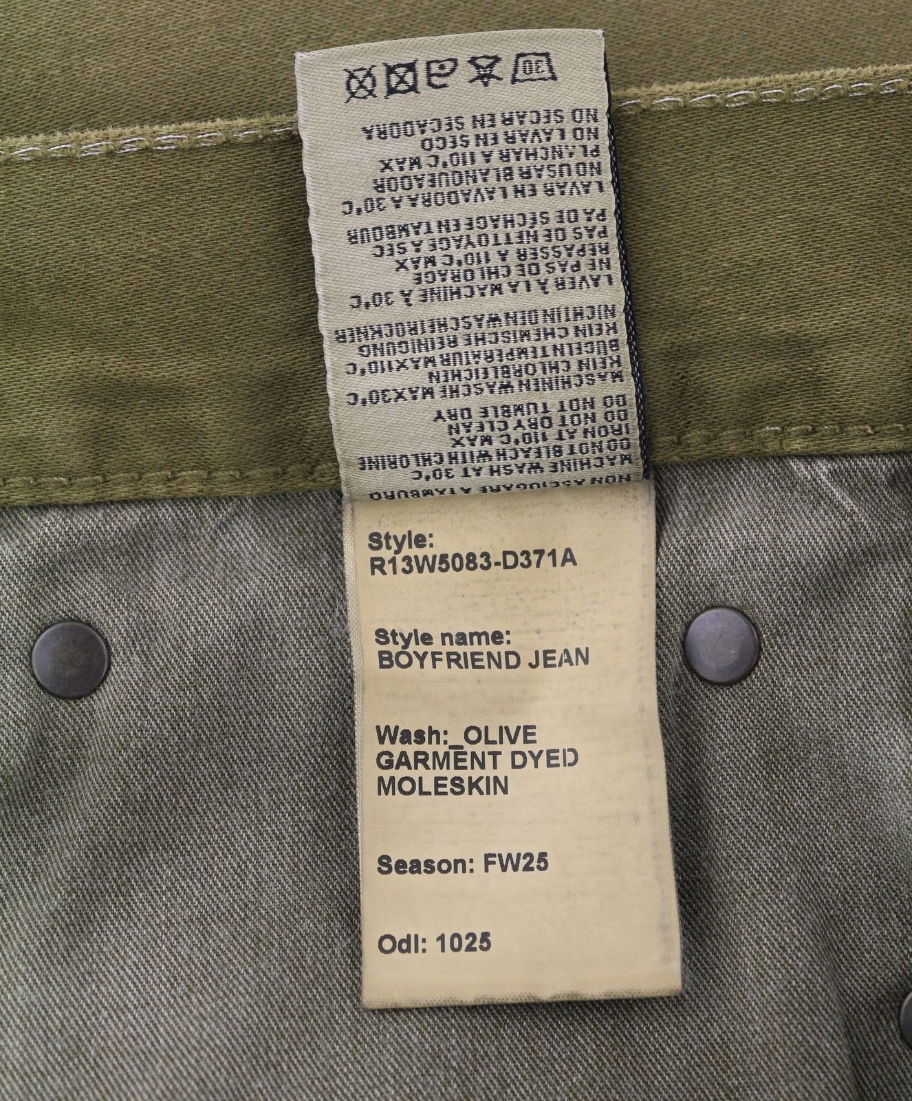 R13 BOYFRIEND 29 Olive Garment Dyed Moleskin Faded FW25 86536 Size 29" - 9 Thumbnail