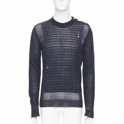 Balmain new BALMAIN 100% linen navy stripe gold military button distressed sweater XS Size US XS / EU 42 / 0 - 1 Thumbnail
