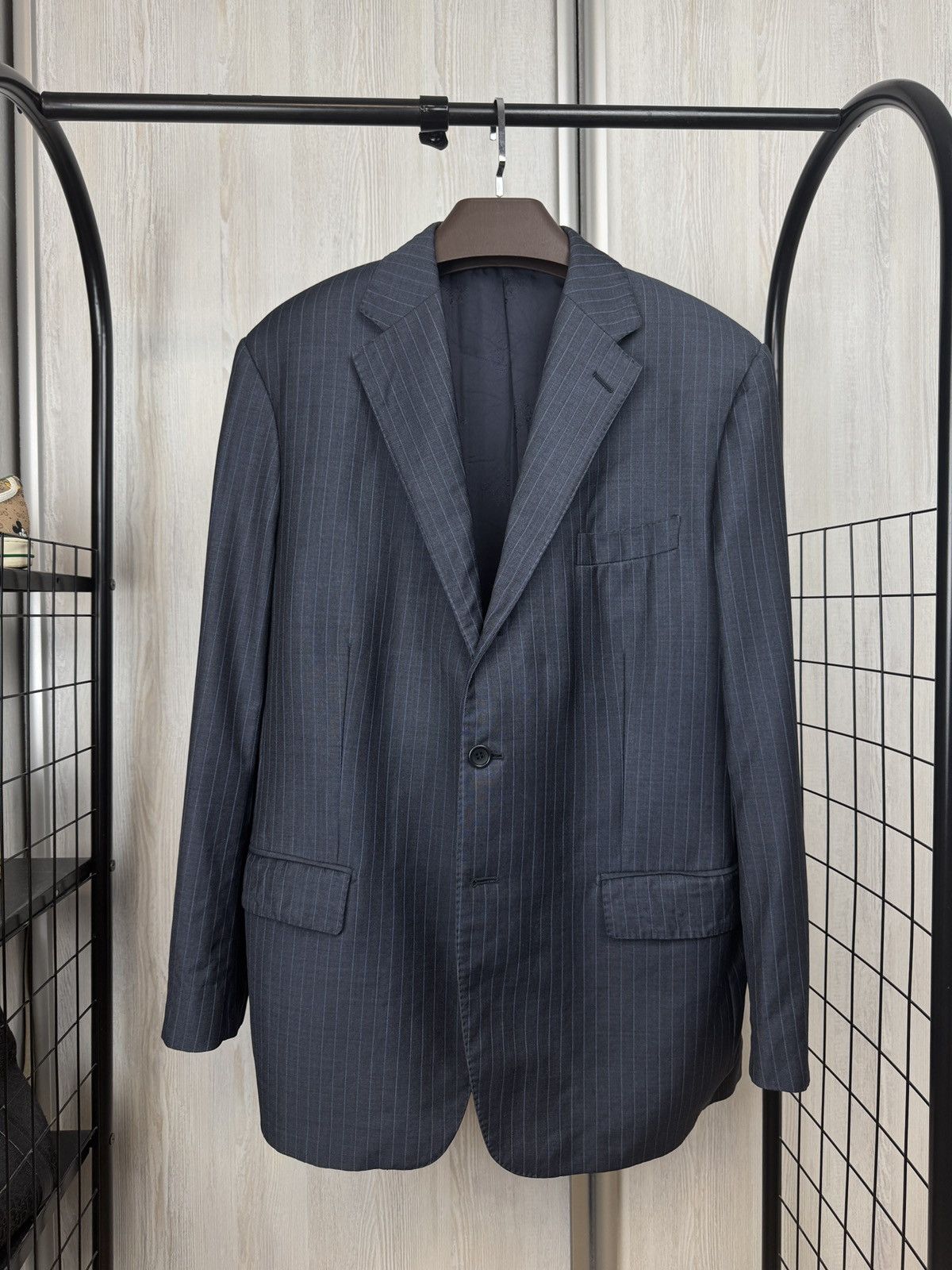 Boggi Boggi Milano vintage wool navy blue striped 3 button suit Size 46R - 1 Thumbnail