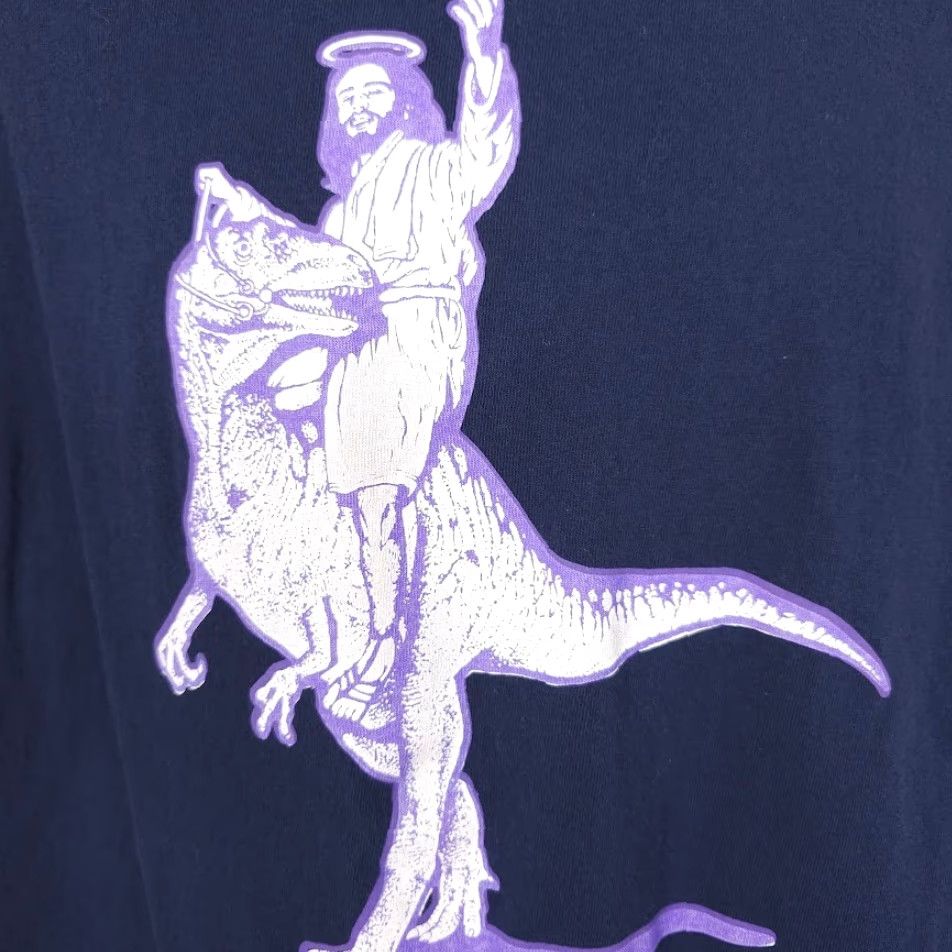 Vintage VINTAGE Christian T Shirt Mens XL Blue Jesus Christ Riding Dinosaur Raptor Size US XL / EU 56 / 4 - 3 Thumbnail