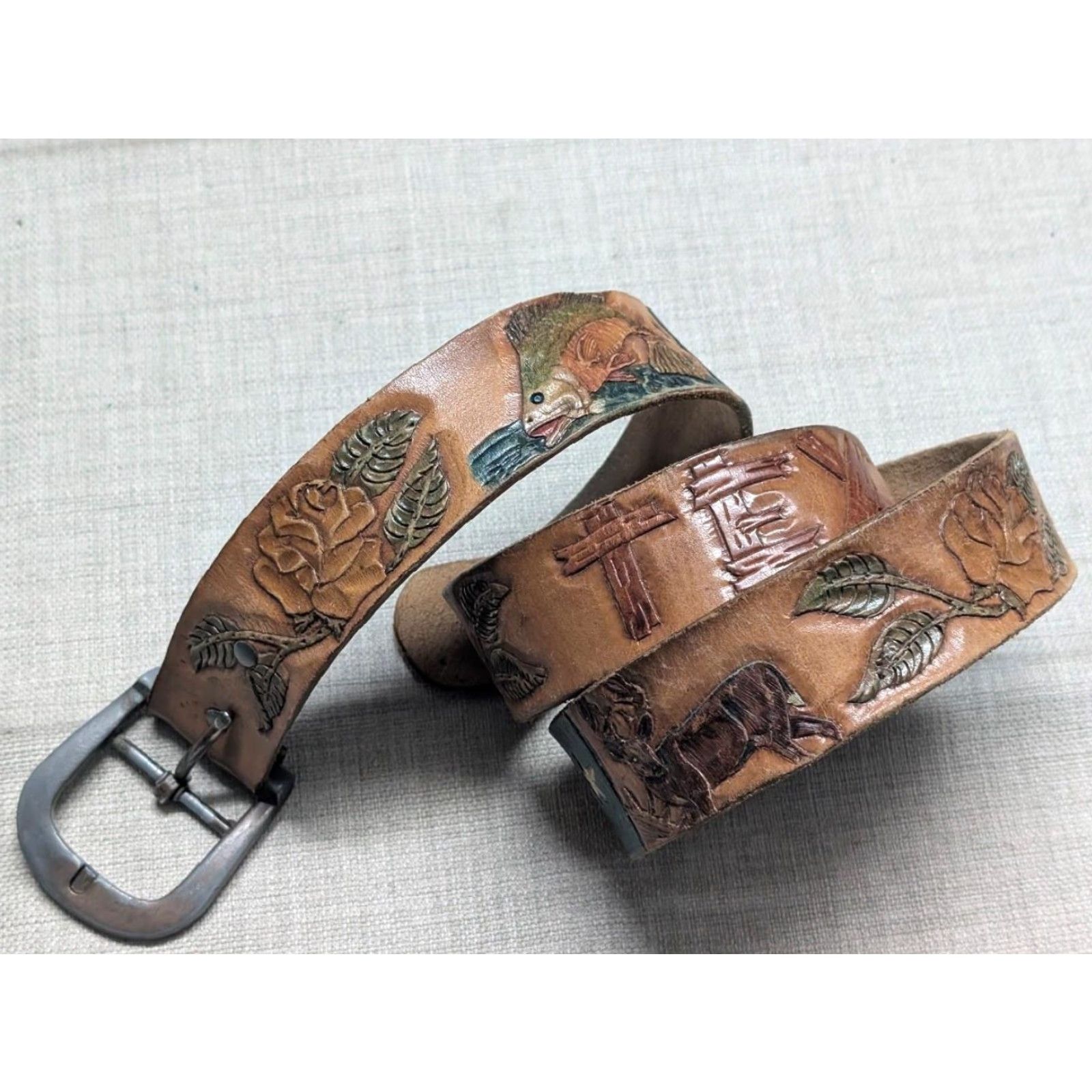 Vintage VINTAGE handcrafted western belt TEX leather 42 Cowhide Texas tooled buckle belt Mens Size 42 - 2 Thumbnail