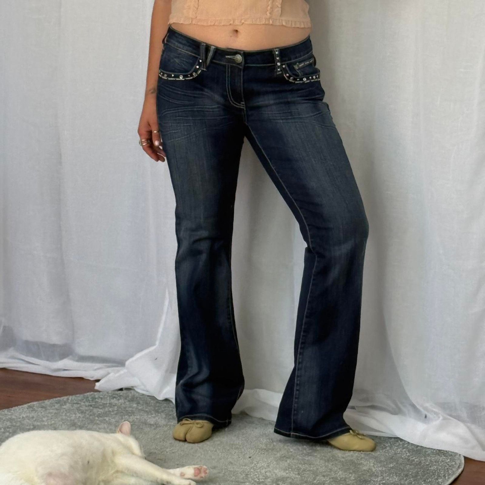Vintage ✿ y2k studded flare jeans low rise dark wash bootcut ✿ Size 34" / US 12 / IT 48 - 2 Thumbnail