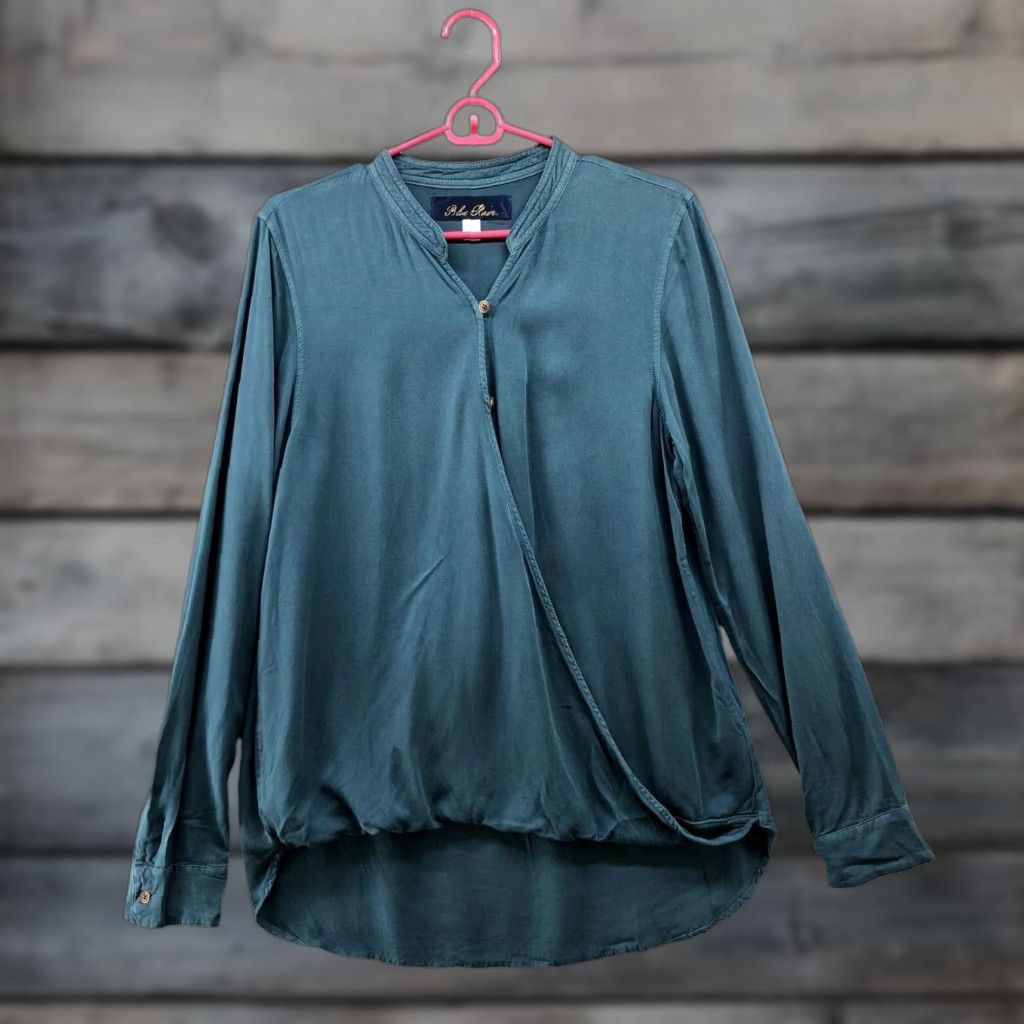 Vintage Blue Rain Shirt Womens M Teal Bohemian Blouse Long Sleeve High Low Wrap Front Size M / US 6-8 / IT 42-44 - 1 Thumbnail