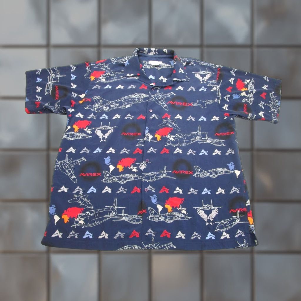 VINTAGE Avirex Shirt Mens XL Blue Aviation All Over Print Planes y2k 2000s Baggy