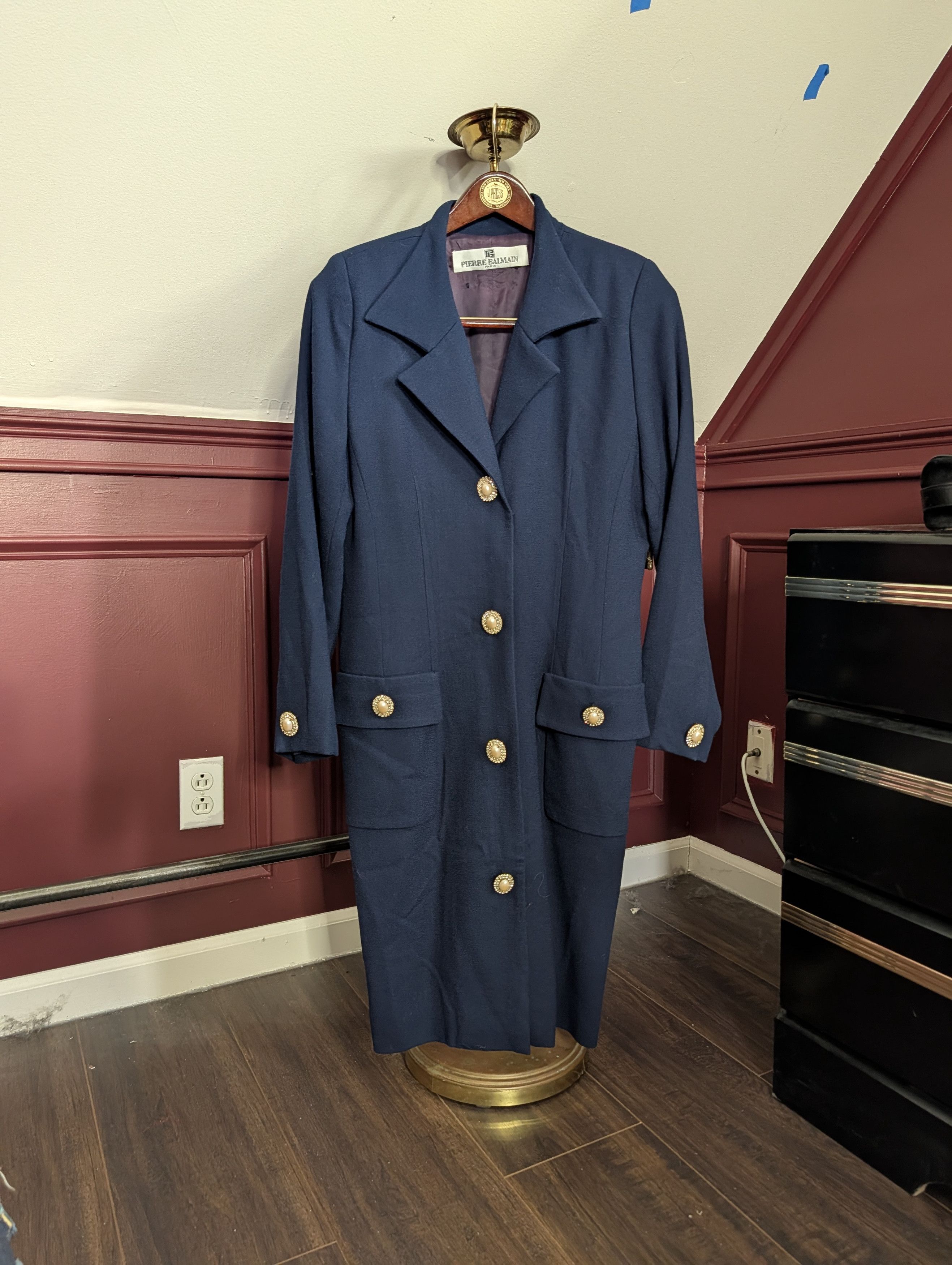 Pierre Balmain 80s VTG Navy Wool Pearl Crystal Gold Button Coat Dress Size L / US 10 / IT 46 - 1 Thumbnail