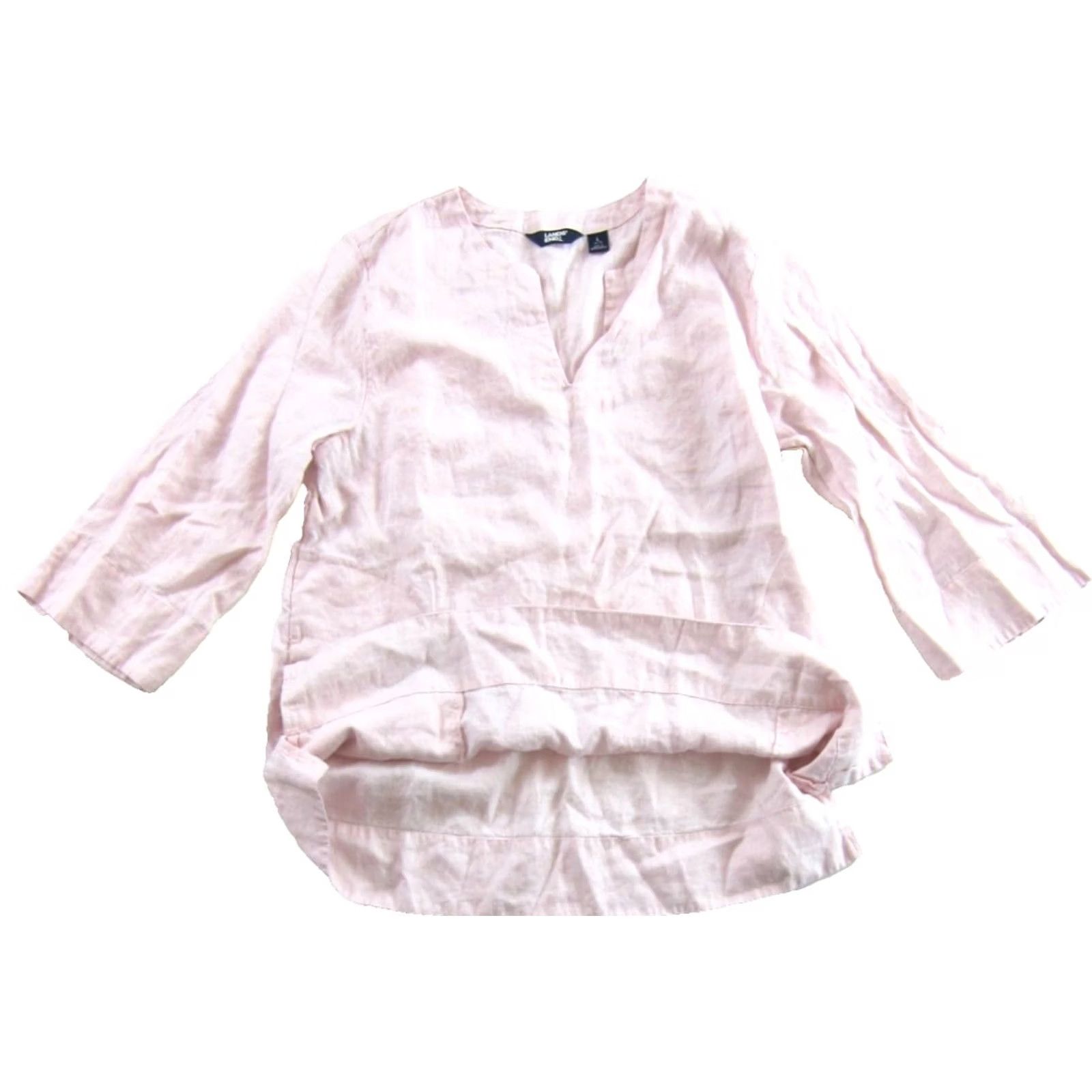 Lands' End Lands' End 100% Linen Pink Tunic Blouse 3/4 Sleeve V-Neck Pocket L Women Size L / US 10 / IT 46 - 4 Thumbnail