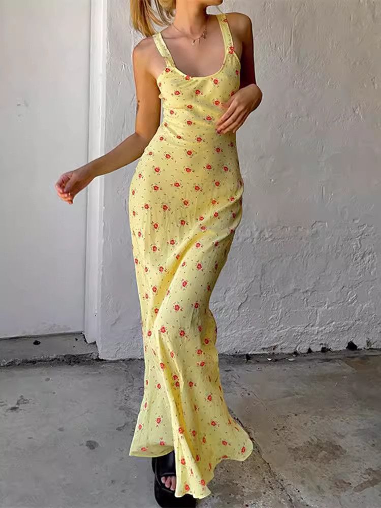 image of Vintage Hottie Sexy Print Halter Dress in Yellow, Women's (Size Medium)