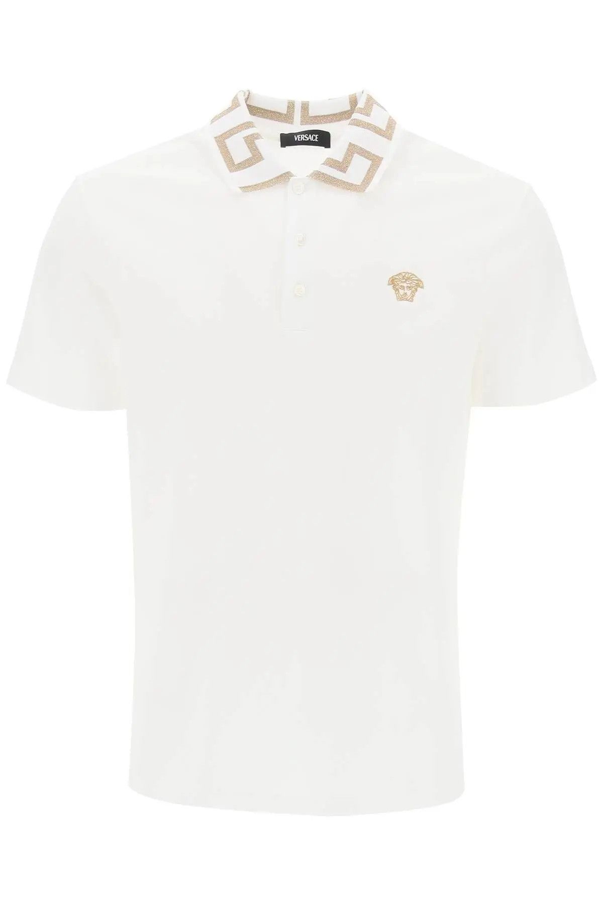 image of Versace O1S22I1N0124 Greca Collar Polo Shirt In White Gold, Men's (Size XL)