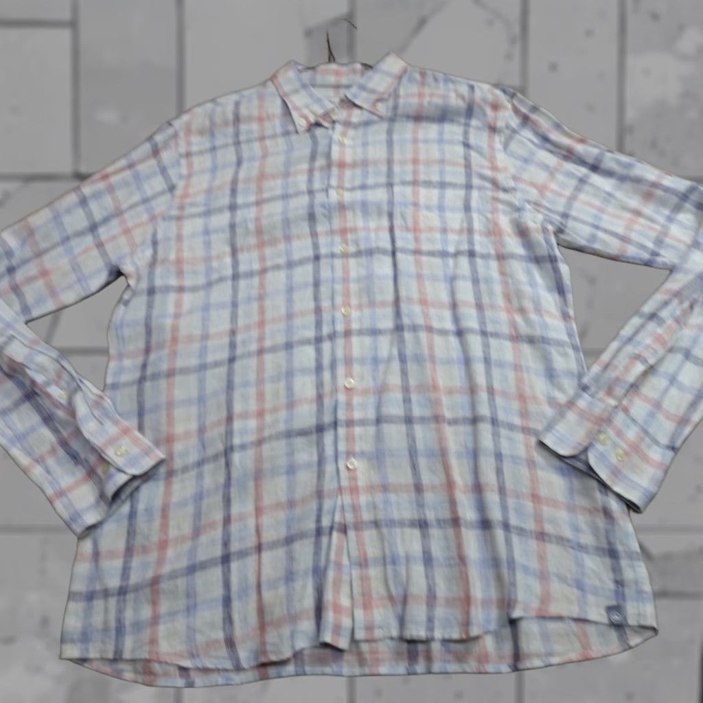 Peter Millar Peter Millar Shirt Mens Long Sleeve Button-Down Linen Plaid White Blue 100% Linen L Regular Button Front Size US L / EU 52-54 / 3 - 1 Thumbnail