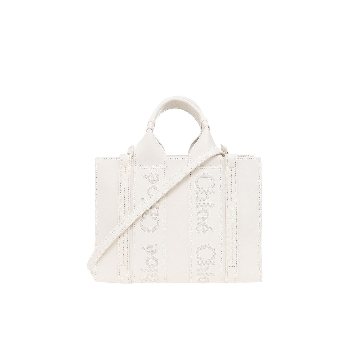 Chloe Small Tote White Leather Linen Shopper Shoulder Bag Ne