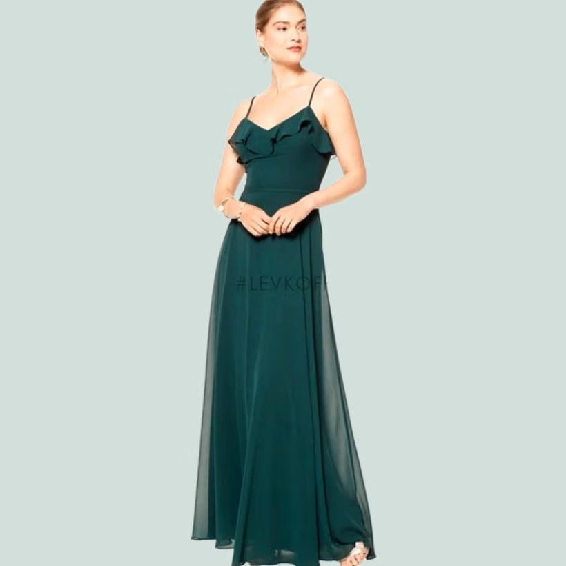 Vintage Bill Levkoff Bridesmaid Dress Dark Green Full Length Chiffon Spaghetti Strap 14 Size XL / US 12-14 / IT 48-50 - 1 Thumbnail