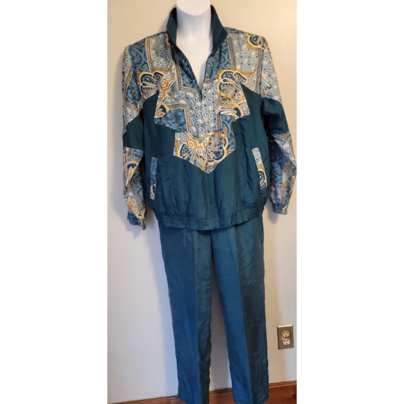Vintage VINTAGE Hunt Club 2 Pc Track Suit Teal Gold M Women's Silk EUC Jacket Pants 1980s Size 32" / US 10 / IT 46 - 2 Thumbnail