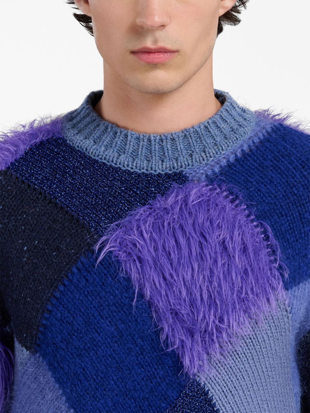 Marni o1w1db10125 Faux-Fur Argyle-Knit Jumper in Blue Size US L / EU 52-54 / 3 - 4 Thumbnail