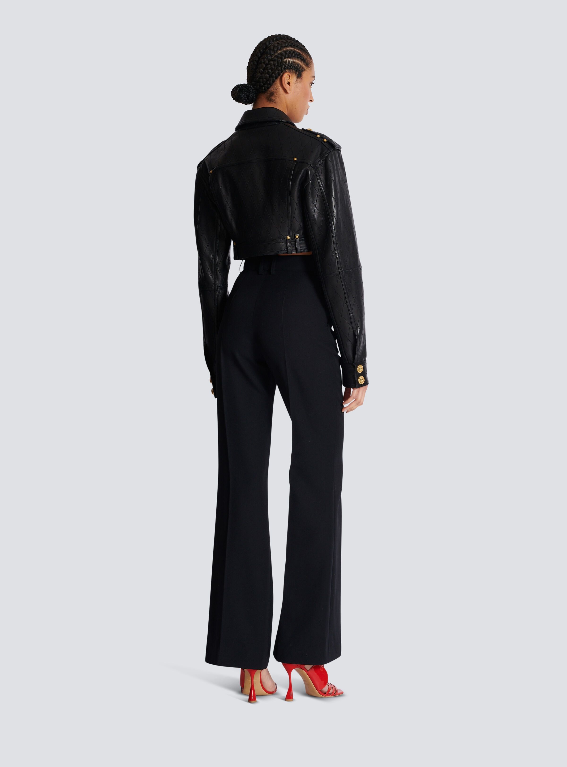 Balmain o1s1wg110725 Topstitched Cropped Leather Jacket in Black Size M / US 6-8 / IT 42-44 - 2 Thumbnail