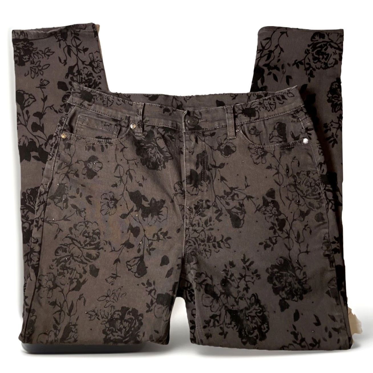 Velvet DG2 Diane Gilman Black Velvet Burnout Roses Beaded Skinny Jeans Size 16 Women 5-Pocket Denim Floral Size 26" / US 2 / IT 38 - 3 Thumbnail