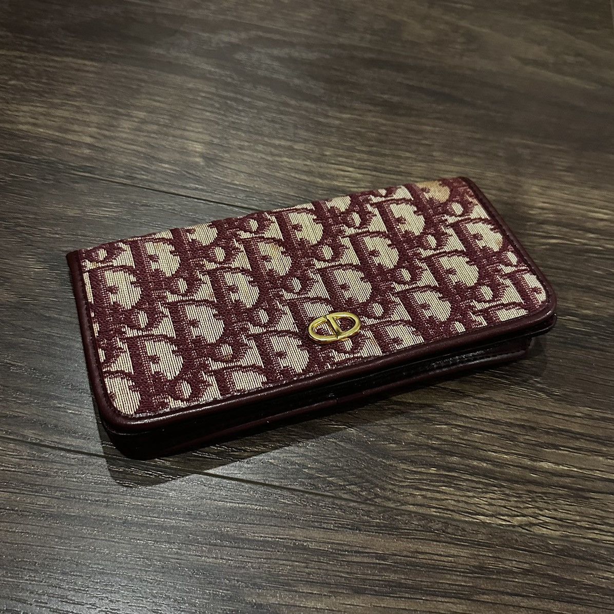 image of Dior Monogram Trotter Bi-Fold Long Wallet in Burgundy Red, Women's