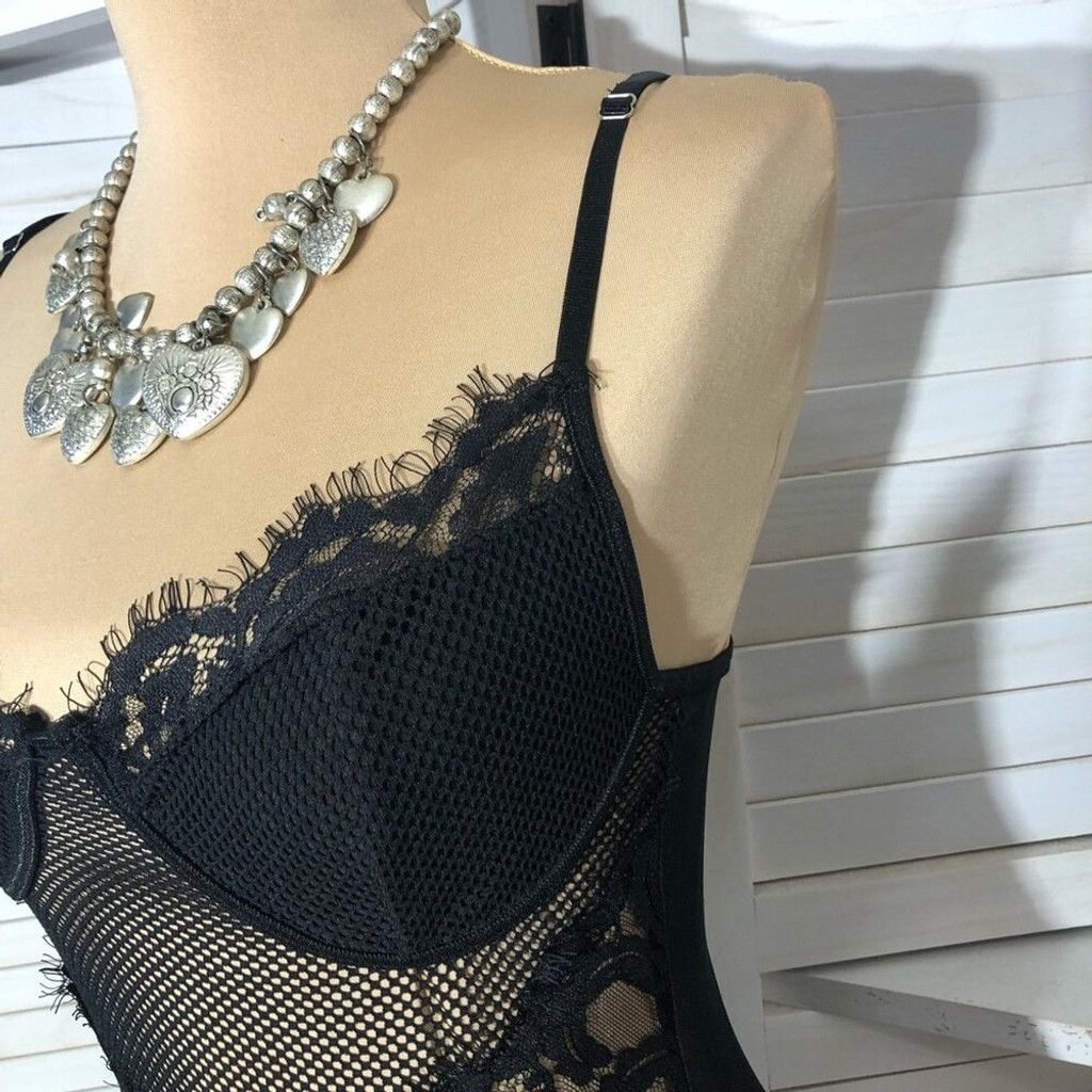 Vintage Y2K Bustier Bodysuit Lace Sheer Mesh Floral Black sz S Size ONE SIZE - 11 Thumbnail