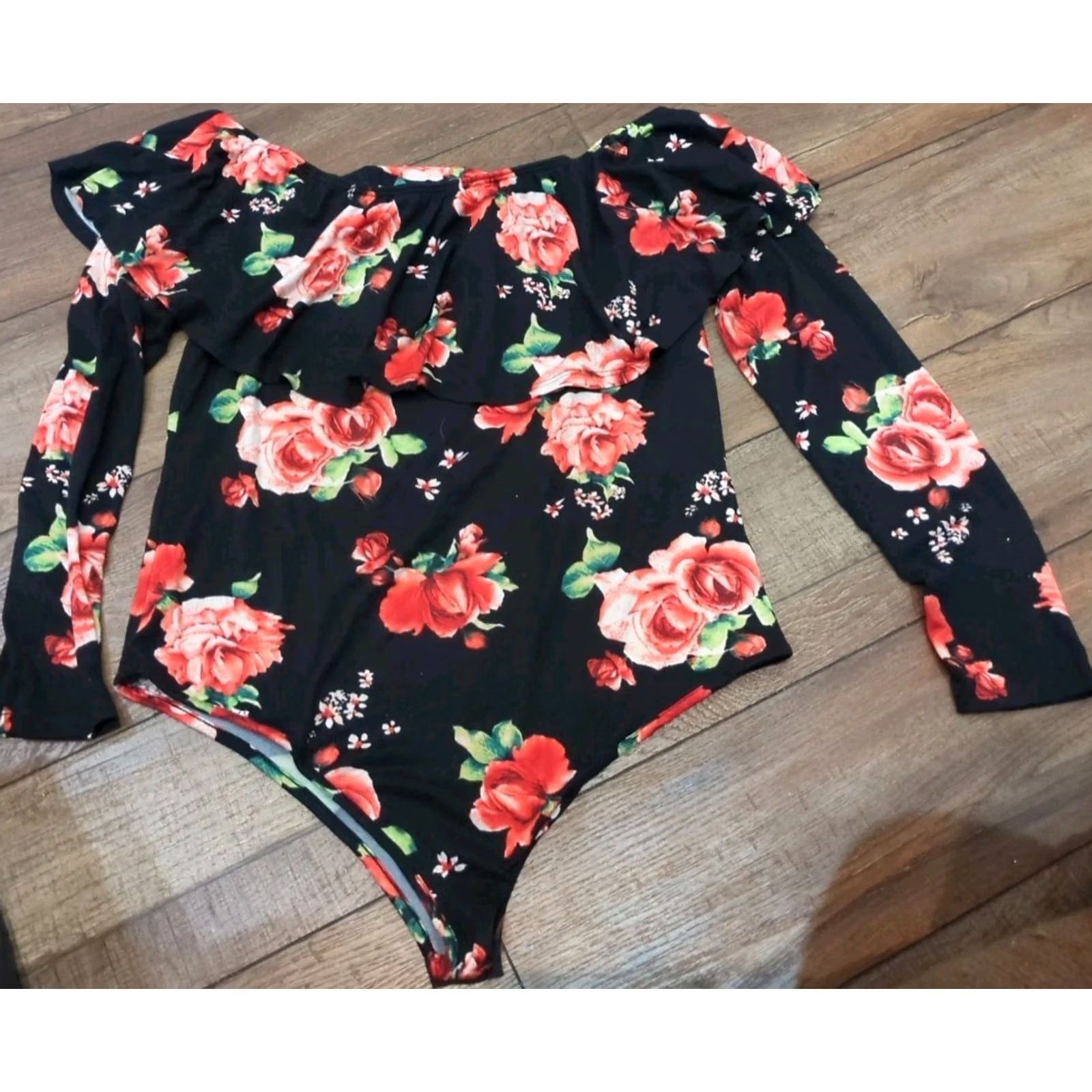 Vintage Marci Blouse 2XL Black w/ Flowers Long Sleeve Ruffled Bodysuit Women's Club Feminine Party Nightwear Dressy Shirts Size XXL / US 16-18 / IT 52-54 - 4 Thumbnail