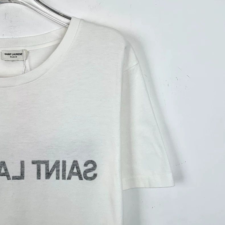 Saint Laurent Paris Saint Laurent White monogrammed cotton crewneck messaging T Size US M / EU 48-50 / 2 - 3 Thumbnail