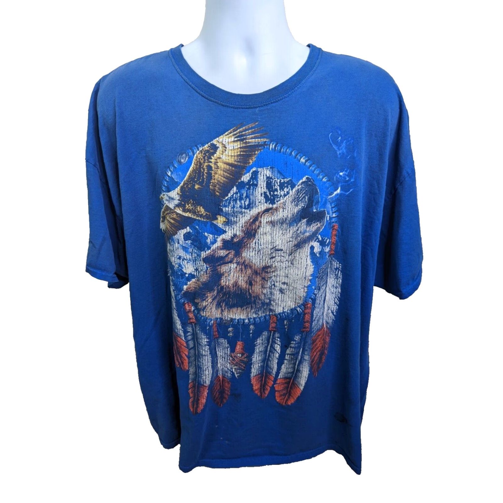 Fruit Of The Loom VINTAGE Americana Eagles Wolves Southwest Aztec Graphic T Shirt 3XL Wolf 90s Southwest Americana T7 Mens Blue Short Sleeve Crew Neck VTG Size US XXL / EU 58 / 5 - 2 Thumbnail