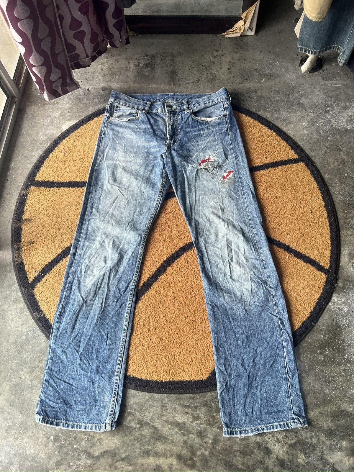 Takeo Kikuchi 🔥Vintage Takeo Kikuchi Embroidery Koi Fish Distressed Denim Size US 33 - 1 Thumbnail