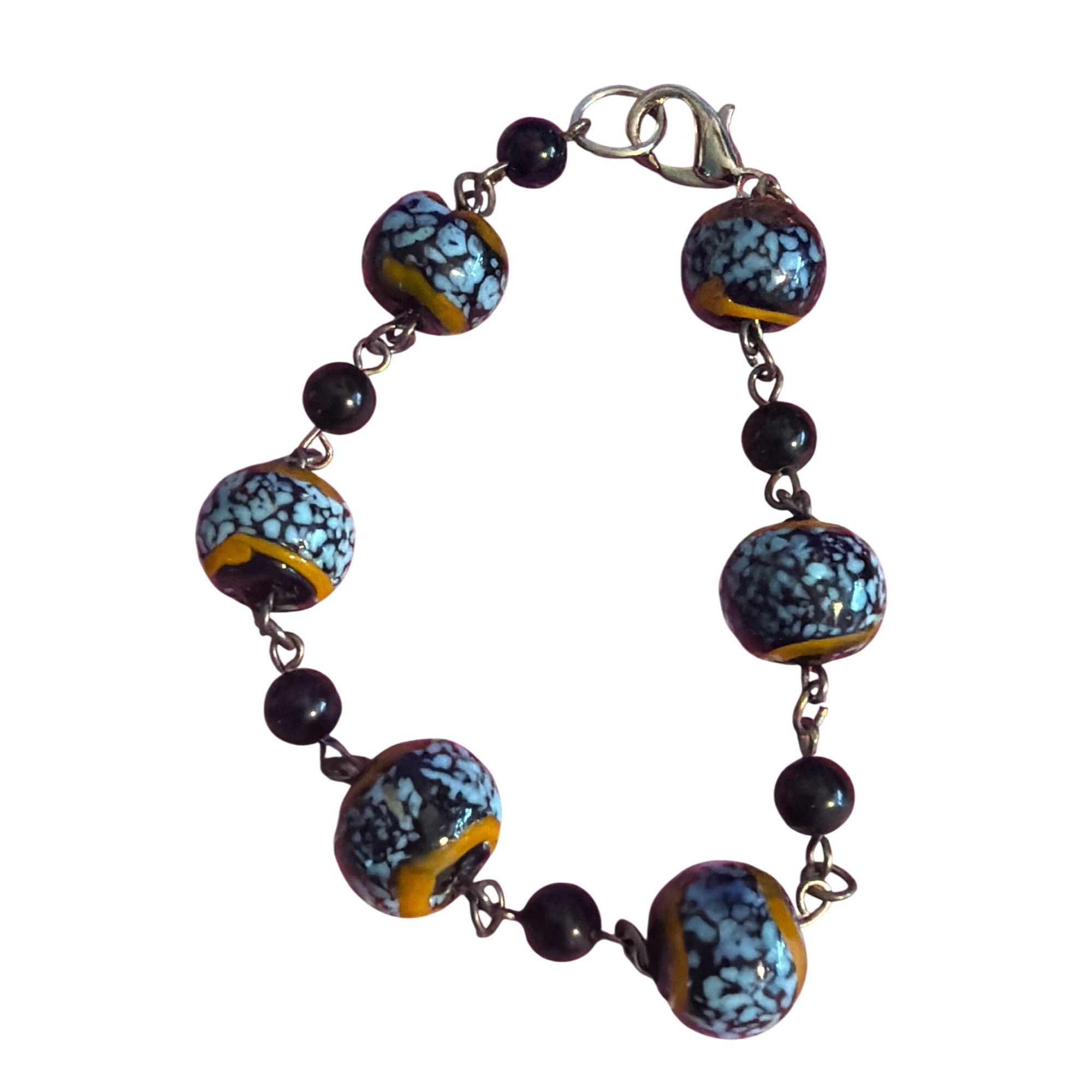 Other Lampwork Glass Bead Black Blue Bracelet Silver Tone Mottled Size ONE SIZE - 3 Thumbnail