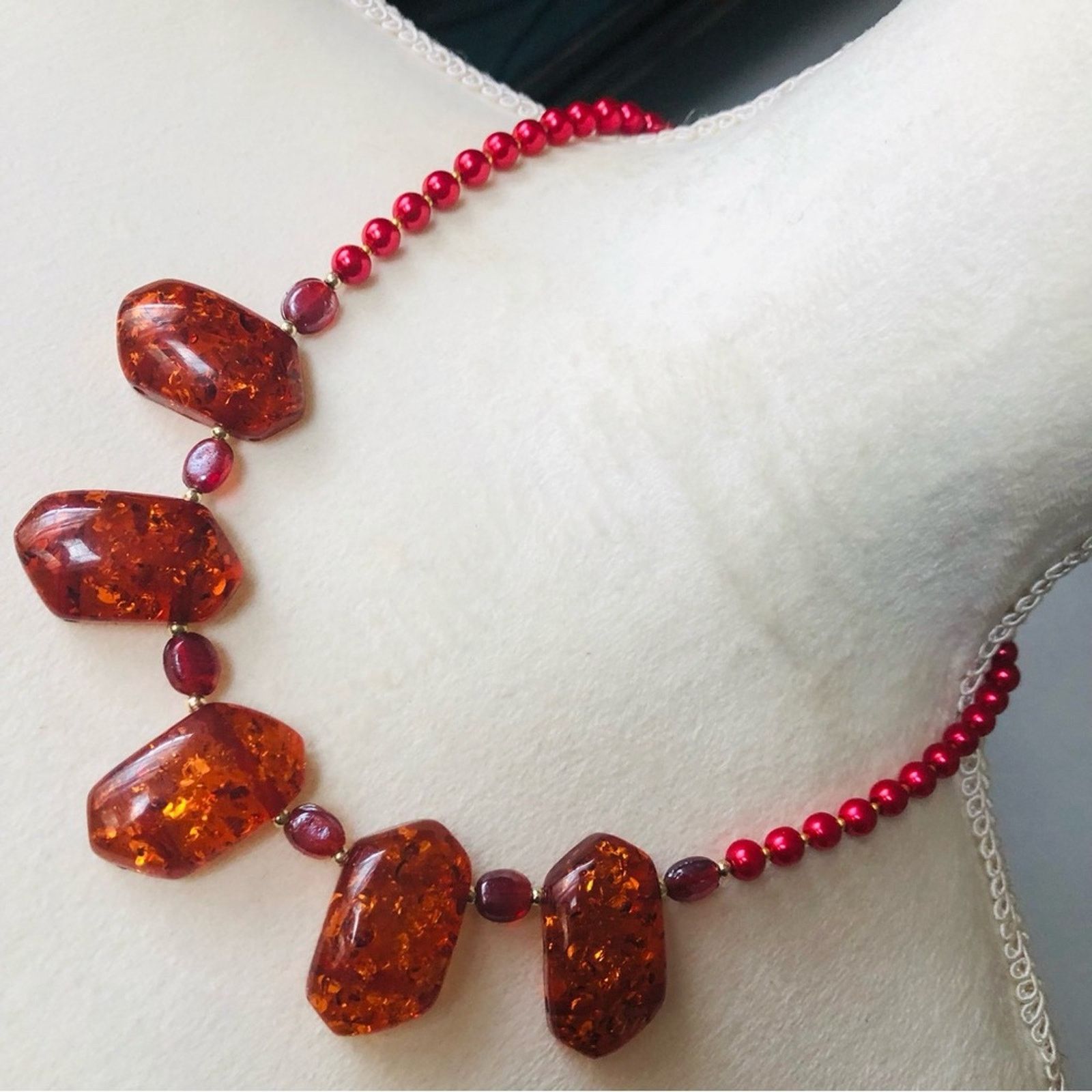 Handmade Handcrafted repurpose faux amber speckle bead Pearl necklace Size ONE SIZE - 1 Thumbnail