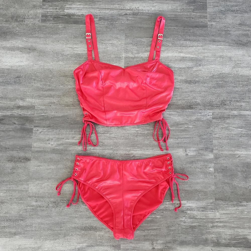 Designer Red Metallic Fredericks Laced Up Seduction Set Size ONE SIZE - 1 Thumbnail
