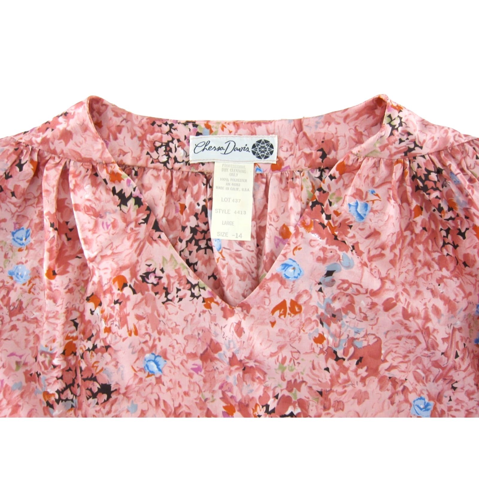 Vintage VINTAGE Chessa Davis Blouse Shirt Womens 14 Pink Floral V-Neck Long Sleeve Peasant 50" bust 100% polyester Size XL / US 12-14 / IT 48-50 - 4 Thumbnail