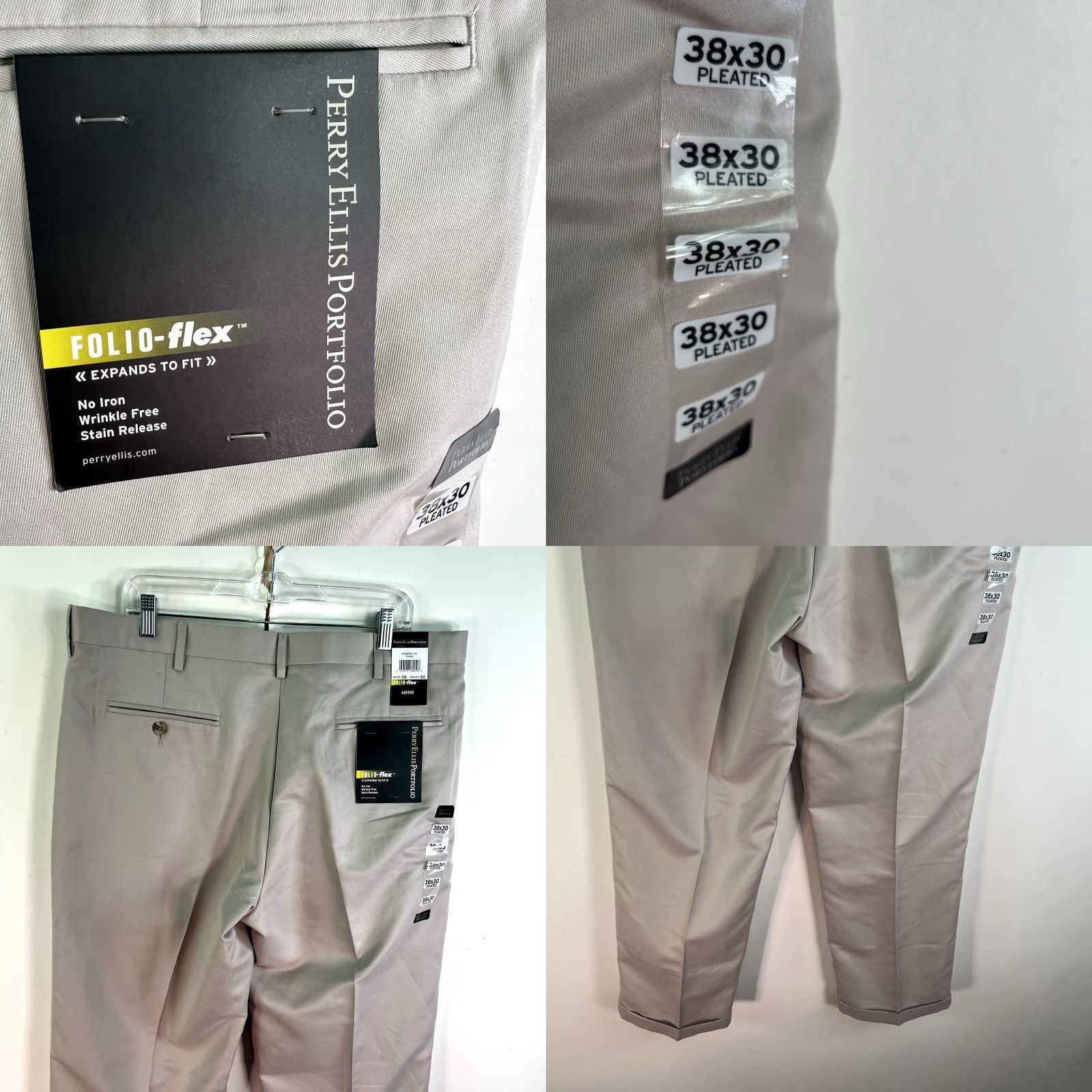 Perry Ellis Perry Ellis Portfolio FILIO-Flex Pleated Pants Mens Size 38/30 Straw Cuffed NWT Dress Pants Regular Be​ige Solid Size US 38 / EU 54 - 8 Thumbnail