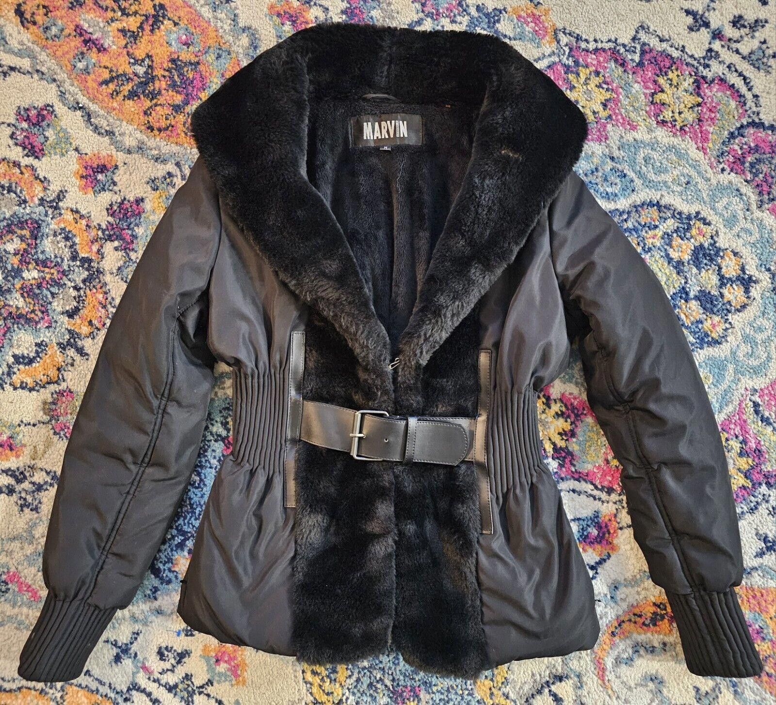 Marvin Richards faux fur belted Bomber Jacket coat MEDIUM