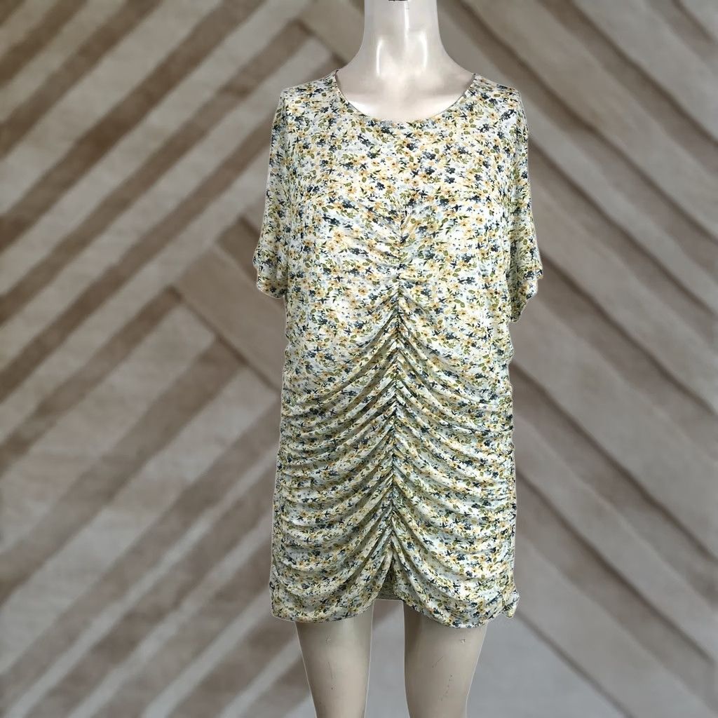Torrid Torrid Women Yellow Floral Ruched Front Bodycon Mini Dress Size 1 Plus Short Slv Size 40" / US 18 - 1 Thumbnail