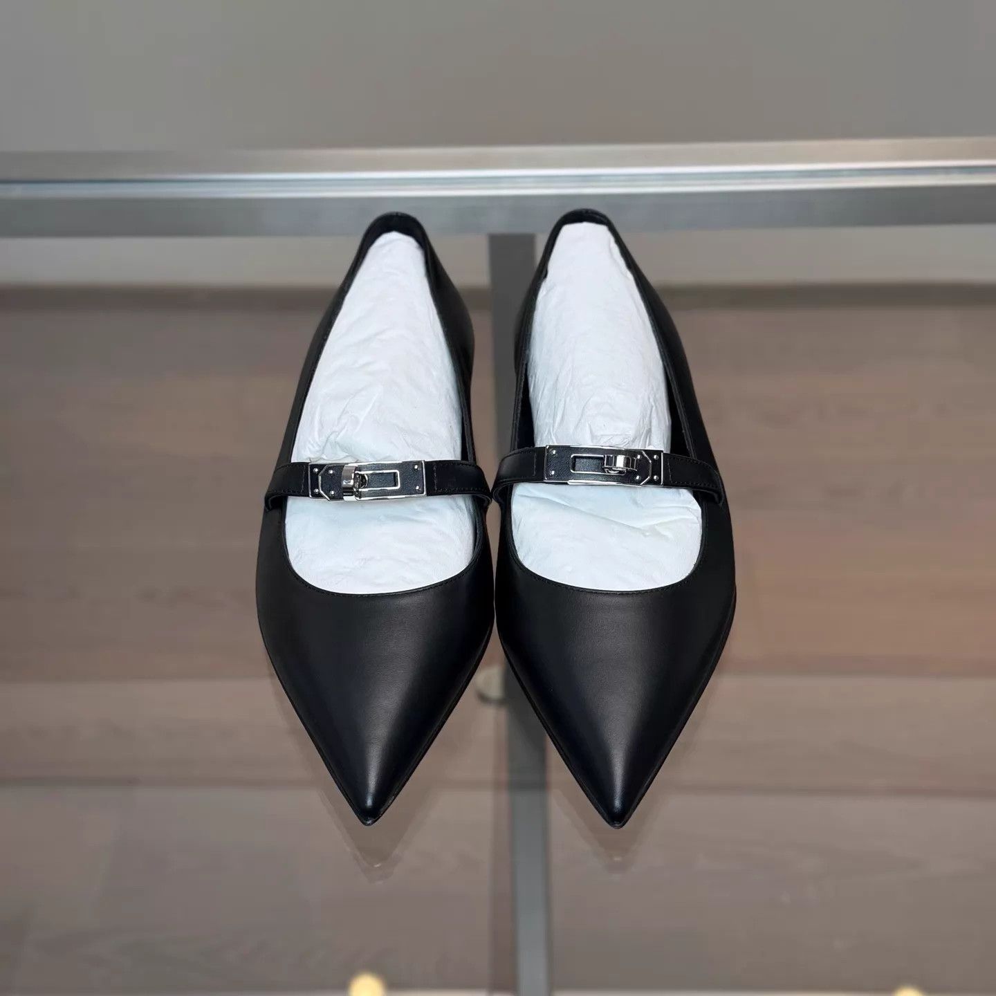 Hermes HERMES 25 Black Silver Kelly Buckle Pointed Toe Flat 36.5 Size US 5.5 / IT 35.5 - 2 Thumbnail