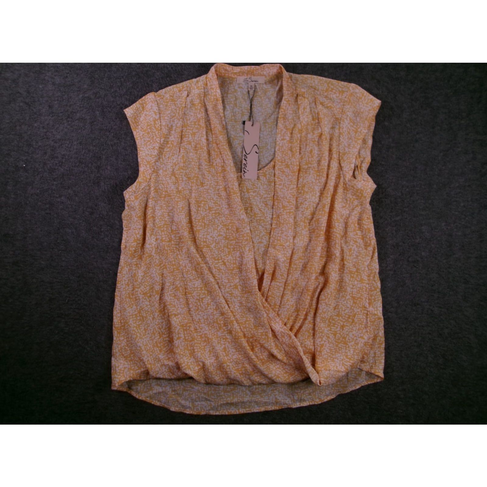 Vintage Les Serein Blouse Womens XL Yellow Surplice Wrap Front Cap Sleeve Polyester Abstract Print V-Neck Pullover Draped Wrap Casual Size XL / US 12-14 / IT 48-50 - 2 Thumbnail
