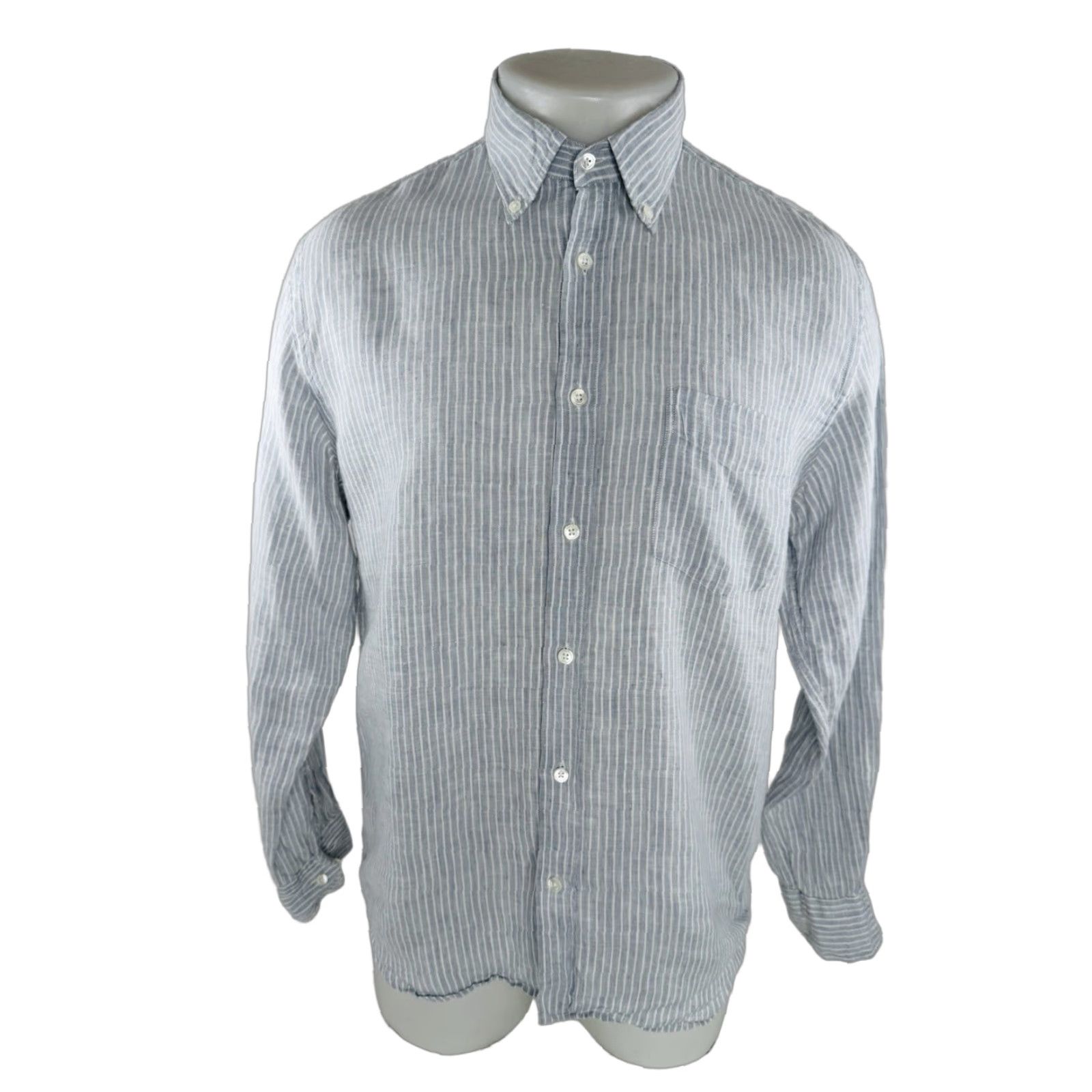 Hartford Hartford Linen Striped Shirt - Mens L Button-Up Long Sleeve Collared | Light Gray / White Size US L / EU 52-54 / 3 - 1 Thumbnail