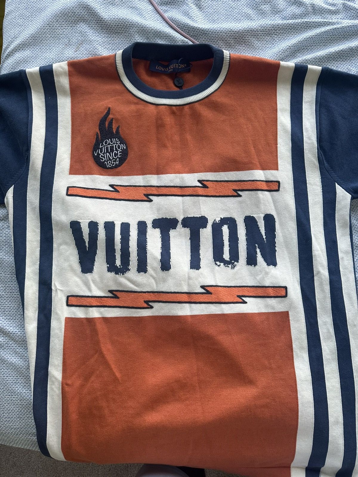 Louis Vuitton logo-print striped knit top in orange and navy
