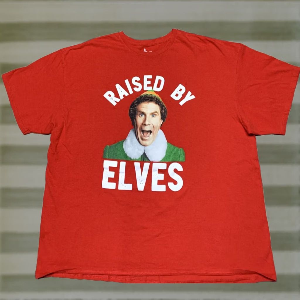 Vintage Buddy ELF "Raised by Elves" Christmas TShirt Size 2XL Red Mens XMas Elf Shirt Crew Neck Cotton Jersey Graphic Print Size US XXL / EU 58 / 5 - 1 Thumbnail