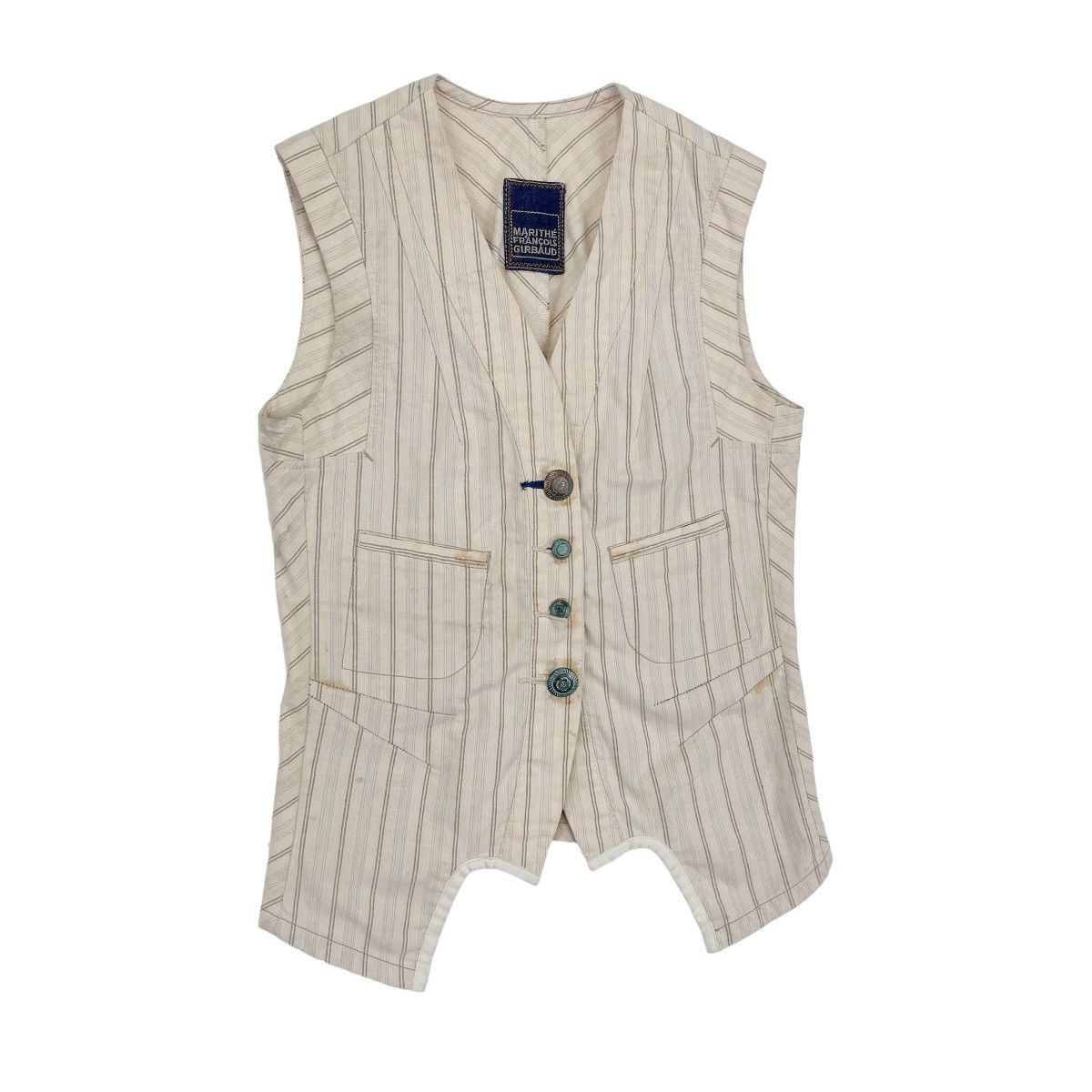 Designer × Marithe + Francois Girbaud Striped Suit Beige Cotton Vest Size US M / EU 48-50 / 2 - 4 Thumbnail
